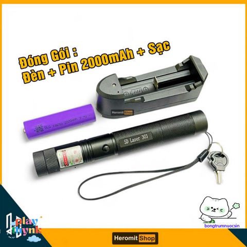 Bút laser 303 - Đèn laser 100MW ánh sáng xanh, tiện dụng cho trình chiếu và tìm kiếm đồ vật, thiết kế chắc chắn, kèm pin 18.650 mAh