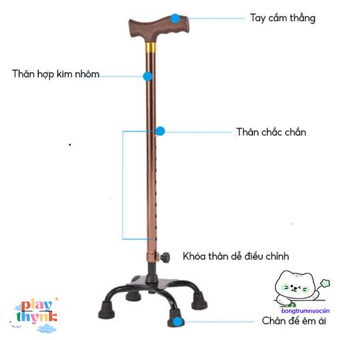 Gậy chống 4 chân cho người già - Hợp kim nhôm chống gỉ, điều chỉnh chiều cao 67-90cm, hỗ trợ đi lại an toàn.