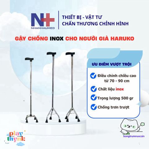 Gậy Nhân Hỗ Trợ Inox Haruko Điều Chỉnh 70-90cm Cho Người Già - Gậy 3 Chân, 4 Chân An Toàn, Dễ Dàng Sử Dụng