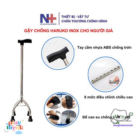 Gậy Nhân Hỗ Trợ Inox Haruko Điều Chỉnh 70-90cm Cho Người Già - Gậy 3 Chân, 4 Chân An Toàn, Dễ Dàng Sử Dụng