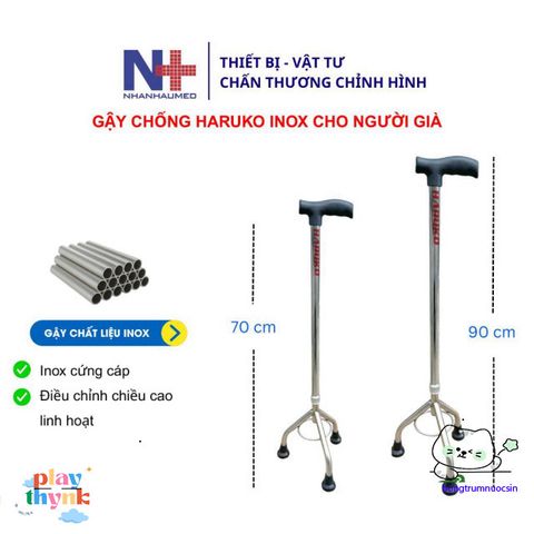 Gậy Nhân Hỗ Trợ Inox Haruko Điều Chỉnh 70-90cm Cho Người Già - Gậy 3 Chân, 4 Chân An Toàn, Dễ Dàng Sử Dụng