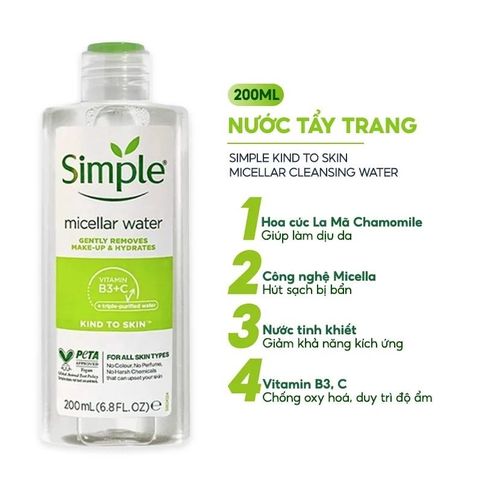 Nước Tẩy Trang Giữ Ẩm Simple Micellar Cleansing Water Chính Hãng - Sạch Sâu, Dịu Nhẹ, Phù Hợp Với Da Nhạy Cảm