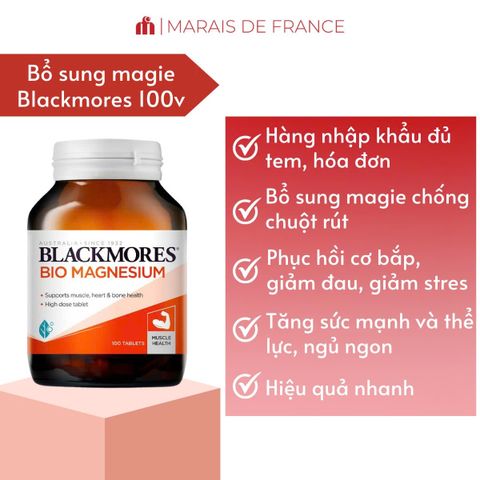Viên uống Blackmores Bio Magnesium hỗ trợ cơ bắp và hệ thần kinh - Lọ 100 viên