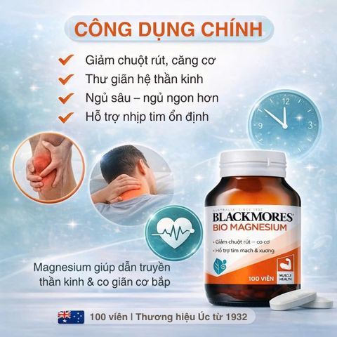 Viên uống Blackmores Bio Magnesium hỗ trợ cơ bắp và hệ thần kinh - Lọ 100 viên