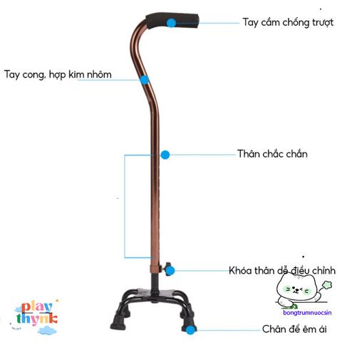 Gậy Chống 4 Chân Nhôm Bền Bỉ Cho Người Già - Điều Chỉnh Cao 67-90cm, Hỗ Trợ Đi Lại An Toàn, Phù Hợp Sau Chấn Thương