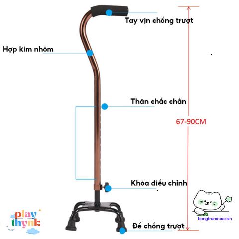 Gậy Chống 4 Chân Nhôm Bền Bỉ Cho Người Già - Điều Chỉnh Cao 67-90cm, Hỗ Trợ Đi Lại An Toàn, Phù Hợp Sau Chấn Thương