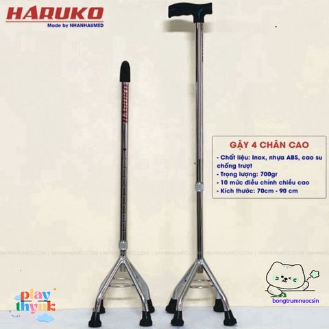 Gậy Đi Bộ Haruko 3 Chân & 4 Chân - Gậy Chống An Toàn Cho Người Già, Điều Chỉnh Chiều Cao 70-90cm, Bọc Cao Su Chống Trơn