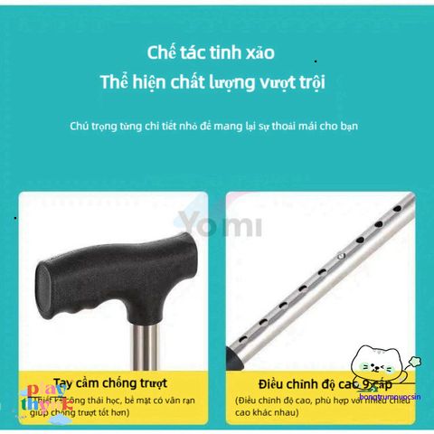 Gậy Bốn Chân Inox Điều Chỉnh Cho Người Già - An Toàn, Chắc Chắn, Chiều Cao 65-90cm, Hỗ Trợ Đi Lại Sau Chấn Thương