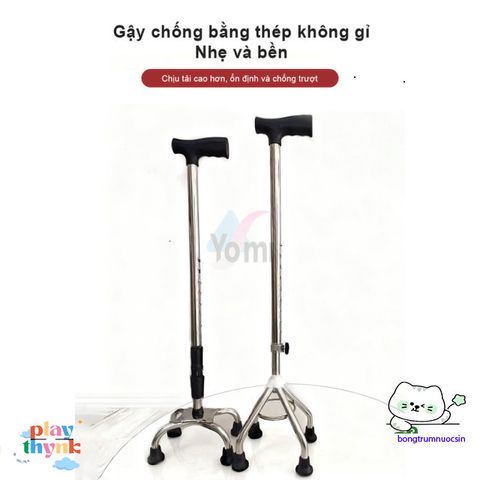 Gậy Bốn Chân Inox Điều Chỉnh Cho Người Già - An Toàn, Chắc Chắn, Chiều Cao 65-90cm, Hỗ Trợ Đi Lại Sau Chấn Thương