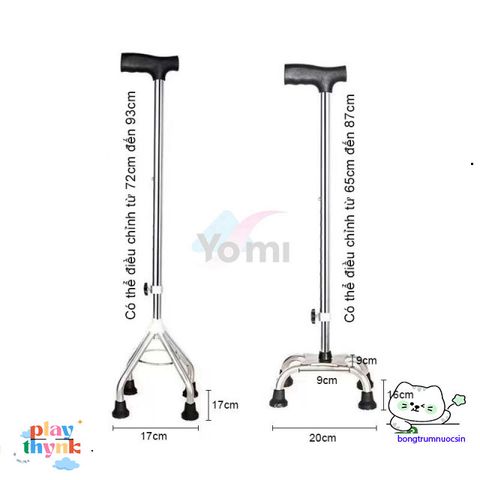 Gậy Bốn Chân Inox Điều Chỉnh Cho Người Già - An Toàn, Chắc Chắn, Chiều Cao 65-90cm, Hỗ Trợ Đi Lại Sau Chấn Thương