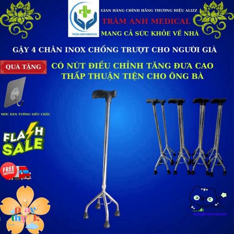 Gậy Chống Trượt Inox Bốn Chân, Gậy Gấp Có Đèn LED, Gậy Tập Đi Dành Cho Người Già - Hỗ Trợ Di Chuyển An Toàn