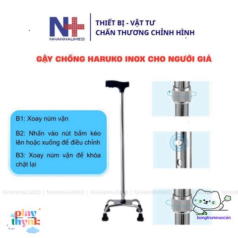 Gậy Chống Inox Haruko cho Người Già - Thiết Kế An Toàn 1-3-4 Chân Điều Chỉnh Cao, Chống Trơn Trượt, Hỗ Trợ Đặc Biệt cho Người Cao Tuổi