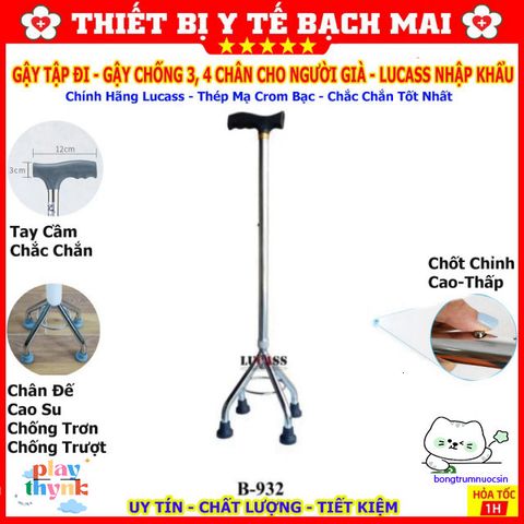 Gậy Tập Đi LUCASS 3, 4 Chân Chính Hãng - Hỗ Trợ An Toàn Cho Người Già, Điều Chỉnh Cao Thấp, Chất Liệu Thép Mạ Chrome