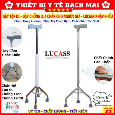 Gậy Tập Đi LUCASS 3, 4 Chân Chính Hãng - Hỗ Trợ An Toàn Cho Người Già, Điều Chỉnh Cao Thấp, Chất Liệu Thép Mạ Chrome