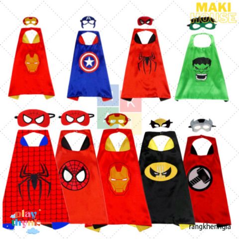 Áo Choàng Siêu Nhân Cho Bé - Hóa Trang Halloween Người Nhện, Người Sắt, Thần Sấm, Khẩu Trang Mềm Mại, Thoải Mái, Chất Liệu Satin