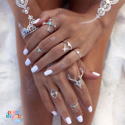Set 7 Nhẫn Cổ Điển Boho Phong Cách Nữ - Trang Sức Thời Trang Độc Đáo Bằng Hợp Kim và Ngọc Lam