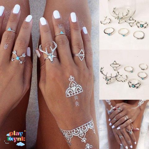 Set 7 Nhẫn Cổ Điển Boho Phong Cách Nữ - Trang Sức Thời Trang Độc Đáo Bằng Hợp Kim và Ngọc Lam