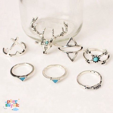 Set 7 Nhẫn Cổ Điển Boho Phong Cách Nữ - Trang Sức Thời Trang Độc Đáo Bằng Hợp Kim và Ngọc Lam