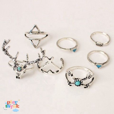 Set 7 Nhẫn Cổ Điển Boho Phong Cách Nữ - Trang Sức Thời Trang Độc Đáo Bằng Hợp Kim và Ngọc Lam