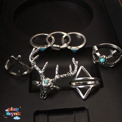 Set 7 Nhẫn Cổ Điển Boho Phong Cách Nữ - Trang Sức Thời Trang Độc Đáo Bằng Hợp Kim và Ngọc Lam