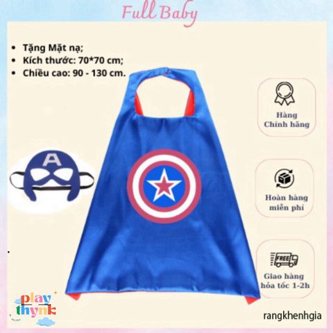 Áo choàng Captain America cho bé trai kèm mặt nạ, chất satin cao cấp, 70x70cm, lý tưởng cho Halloween và cosplay