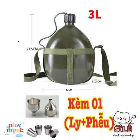 Bình Nhôm Cổ Điển 3L Bền Bỉ - Bình Tông Du Lịch Kèm Dây Đeo và Ly Phễu Tiện Lợi cho Quý Ông Yêu Thích Khám Phá