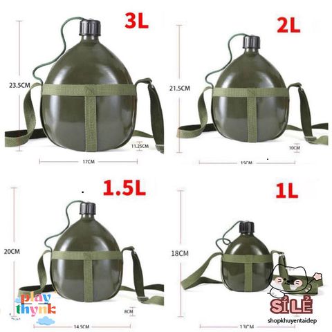 Bình Nhôm Xanh Dương Lính Cũ Vintage - Bình Tông Đeo Dù 1L/1.5L/3L Thể Thao Du Lịch Phong Cách Hoài Niệm