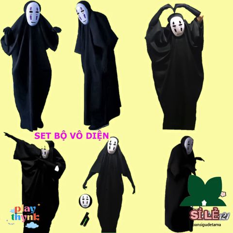 Bộ Trang Phục Cosplay Ma Vô Diện Đen Cho Người Lớn & Trẻ Em - Áo Choàng, Mặt Nạ, Găng Tay - Đồ Hóa Trang Halloween Huyền Bí