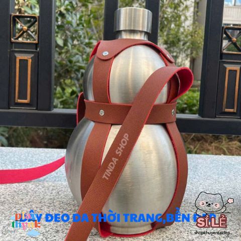 Bình Inox Hồ Lô 1.65L Chống Gỉ Có Dây Đeo Da - Dụng Cụ Dã Ngoại Tiện Lợi Cho Cắm Trại, Picnic, Du Lịch