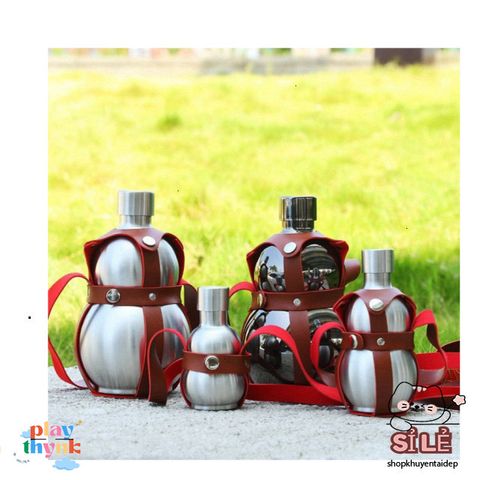 Bình Inox Hồ Lô 1.65L Chống Gỉ Có Dây Đeo Da - Dụng Cụ Dã Ngoại Tiện Lợi Cho Cắm Trại, Picnic, Du Lịch
