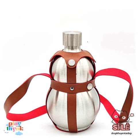 Bình Inox Hồ Lô 1.65L Chống Gỉ Có Dây Đeo Da - Dụng Cụ Dã Ngoại Tiện Lợi Cho Cắm Trại, Picnic, Du Lịch