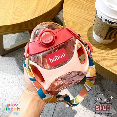 Bình nước Babuu 330ml chống sặc cho bé - Bình tập uống nhựa Tritan an toàn, có tay cầm và dây đeo tiện lợi
