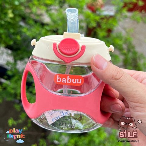 Bình nước Babuu 330ml chống sặc cho bé - Bình tập uống nhựa Tritan an toàn, có tay cầm và dây đeo tiện lợi