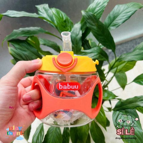 Bình nước Babuu 330ml chống sặc cho bé - Bình tập uống nhựa Tritan an toàn, có tay cầm và dây đeo tiện lợi