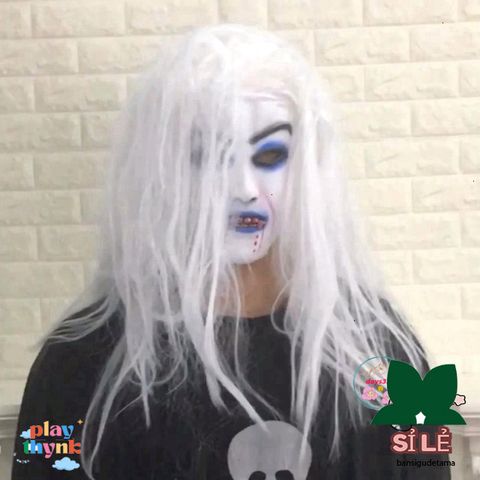 Mặt Nạ Ma Nữ Tóc Dài Màu Trắng Zombie - Phụ Kiện Hóa Trang Halloween và Tết Trung Thu Độc Đáo