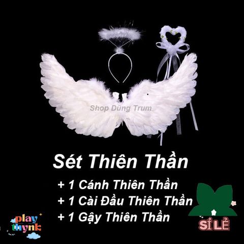 Set Trang Phục Hóa Trang Thiên Thần Cánh Lông Vũ Đen Trắng - Phụ Kiện Biểu Diễn Đáng Yêu Cho Bé và Người Lớn