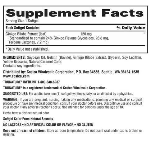 Viên uống Ginkgo Biloba Trunature 120mg - Hỗ trợ tuần hoàn máu não và bổ sung trí nhớ - 340 viên Mỹ