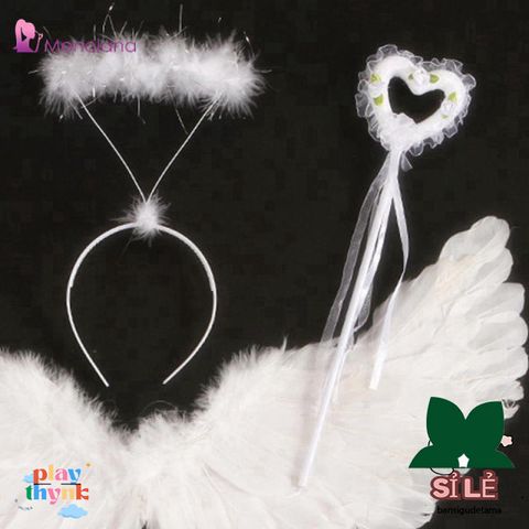 Cánh Thiên Thần Trắng cho Trẻ Em - Bộ Trang Phục Hóa Trang Halloween với Băng Đô và Que - Quà Tặng Đáng Yêu cho Bé Gái