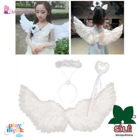 Cánh Thiên Thần Trắng cho Trẻ Em - Bộ Trang Phục Hóa Trang Halloween với Băng Đô và Que - Quà Tặng Đáng Yêu cho Bé Gái