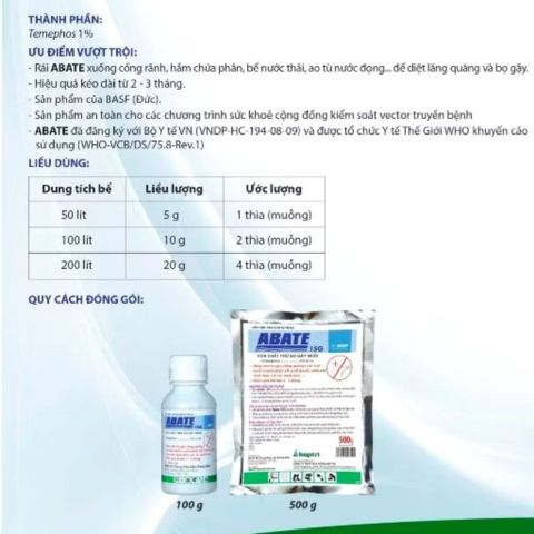 Chế Phẩm Diệt Lăng Quăng Abate 1SG 100g - Ngăn Ngừa Muỗi Trưởng Thành tại Cống Rãnh, Bể Cảnh, Nguồn Nước Đọng
