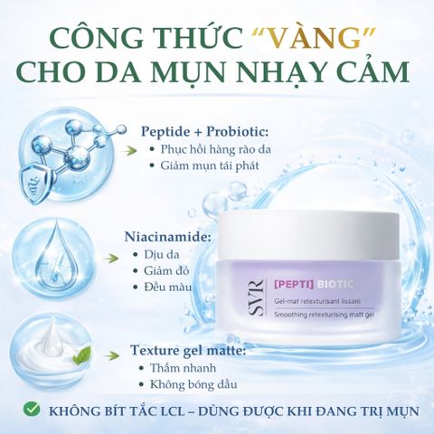 Gel Dưỡng Phục Hồi Da SVR Pepti-Biotic 50ml - Kem Kiềm Dầu, Cấp Ẩm, Phục Hồi hàng rào bảo vệ da, phù hợp cho mọi loại da.
