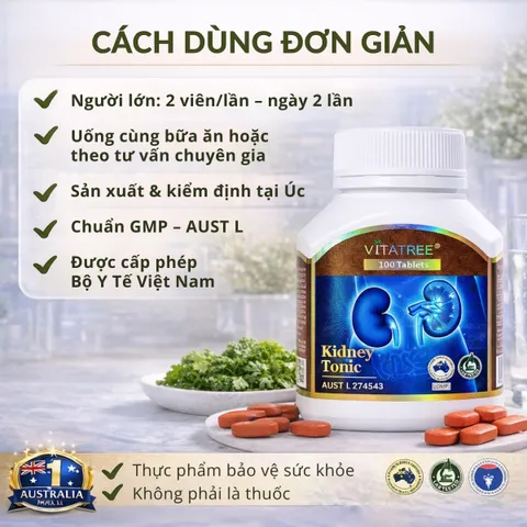Vitatree Kidney Tonic 100 Viên - Viên Uống Hỗ Trợ Sức Khỏe Thận Từ Thiên Nhiên, Thanh Lọc Cơ Thể, Sản Phẩm Úc.