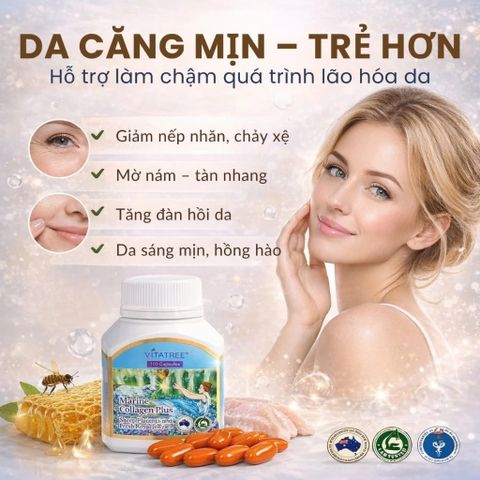 Viên Uống Marine Collagen Vitatree - Bổ Sung Collagen Cá Biển, Hỗ Trợ Da Săn Chắc, Mịn Màng, Tóc Móng Khỏe Mạnh, Tiện Lợi Hàng Ngày