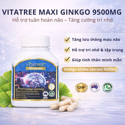 Viên uống Vitatree Maxi Ginkgo 9500mg hỗ trợ sức khỏe trí não - Lọ 60 viên
