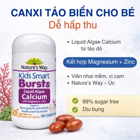 Viên Nhai Canxi Tảo Biển Nature’s Way Kids Smart Bursts - Bổ Sung Magnesium, Zinc, Vitamin D3, K2 Dành Cho Trẻ Em, Kẹo Dẻo Hấp Dẫn