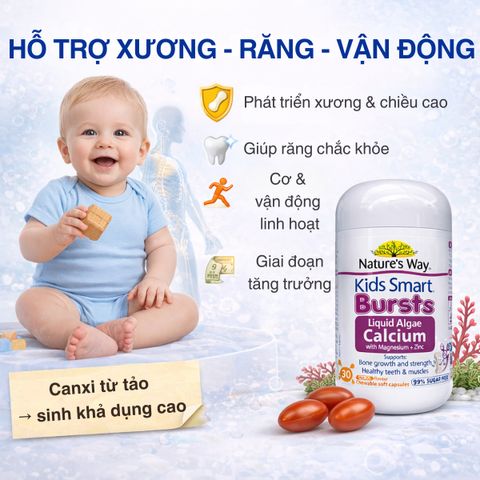 Viên Nhai Canxi Tảo Biển Nature’s Way Kids Smart Bursts - Bổ Sung Magnesium, Zinc, Vitamin D3, K2 Dành Cho Trẻ Em, Kẹo Dẻo Hấp Dẫn