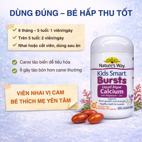 Viên Nhai Canxi Tảo Biển Nature’s Way Kids Smart Bursts - Bổ Sung Magnesium, Zinc, Vitamin D3, K2 Dành Cho Trẻ Em, Kẹo Dẻo Hấp Dẫn