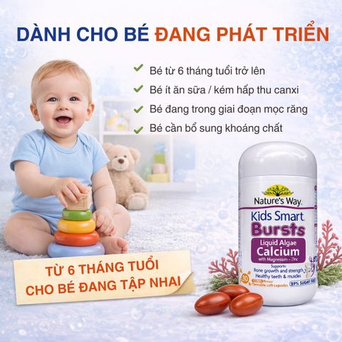 Viên Nhai Canxi Tảo Biển Nature’s Way Kids Smart Bursts - Bổ Sung Magnesium, Zinc, Vitamin D3, K2 Dành Cho Trẻ Em, Kẹo Dẻo Hấp Dẫn