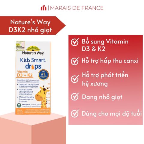 Nature's Way Kids Smart Drops Vitamin D3 + K2 - Vitamin Nhỏ Giọt Hỗ Trợ Xương Cho Trẻ Sơ Sinh & Trẻ Nhỏ, Dễ Dùng Hàng Ngày
