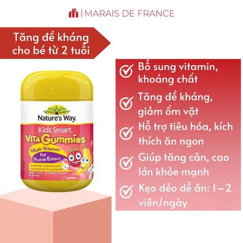 Kẹo Dẻo Vitamin Tổng Hợp Cho Trẻ - Nature's Way Kids Smart Vita Gummies Dành Cho Trẻ Ăn Kén, 60 Viên Hương Vị Trái Cây